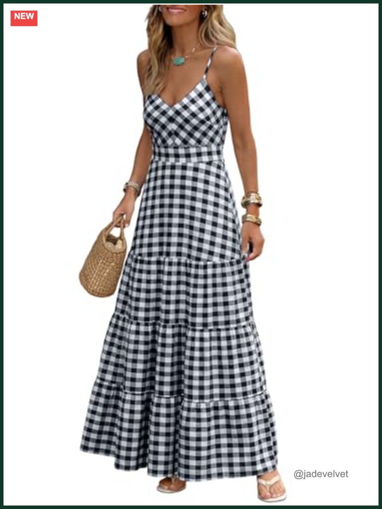 Gingham Smocked Maxi Dress Spaghetti Strap V-Neck A-Line Pockets Boho Beach